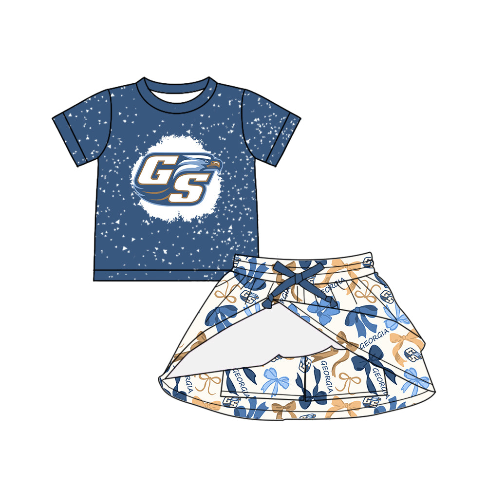 Custom moq 5 mix sizes summer teams baby girls clothes team blue short sleeve skirts shorts sets dress 1 and dress 2 and dress 3 and dress 4-25.5.16