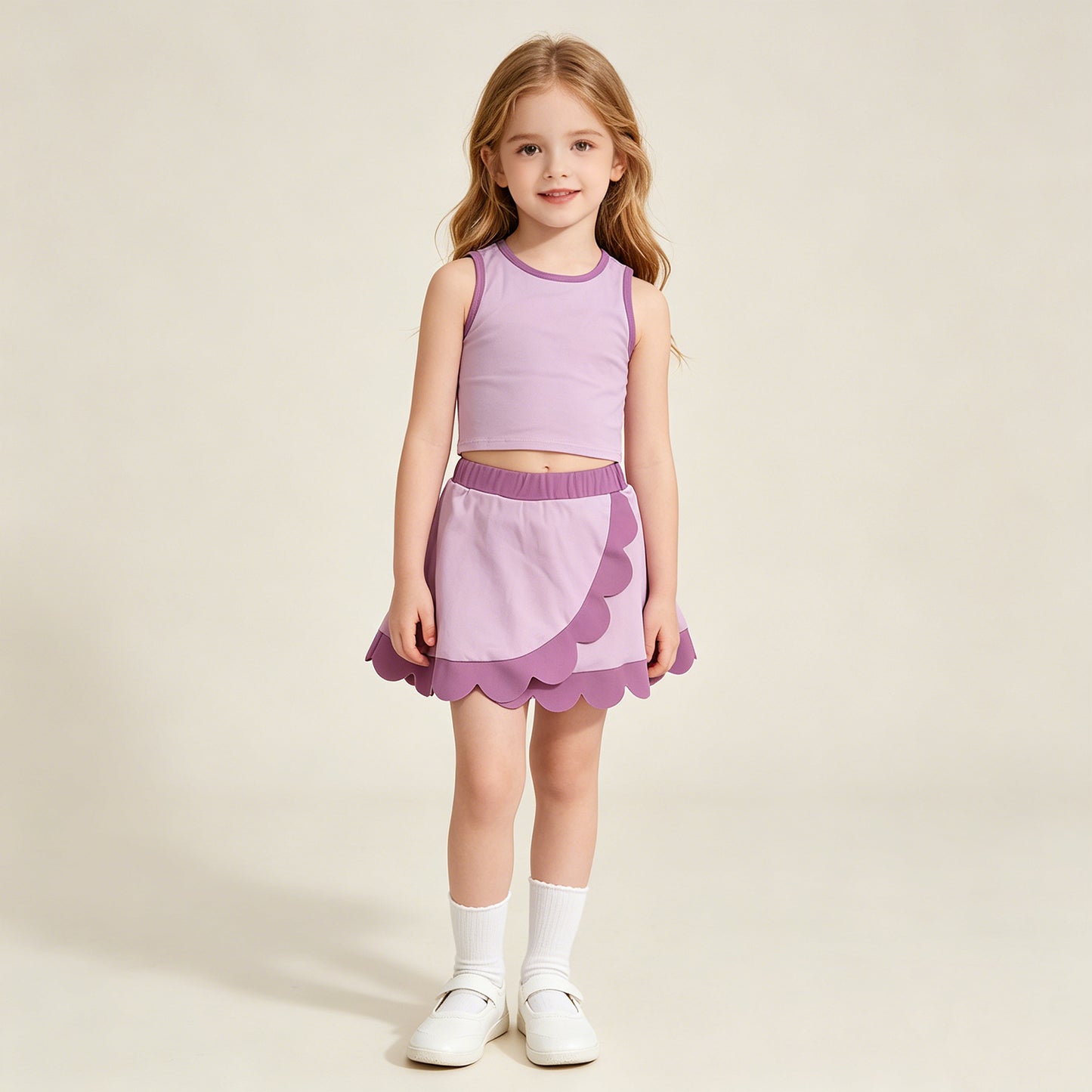 RTS NO MOQ yoga fabric cotton GSD4085 Yoga Baby Girls Yoga Active Pink Vest Scallop Hem Shorts Set