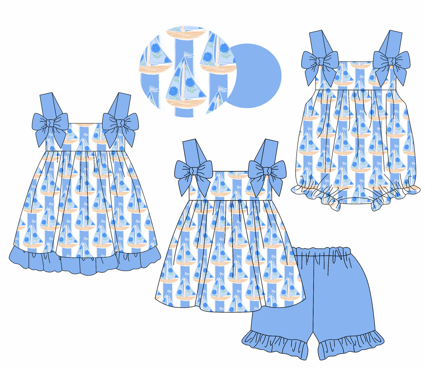 1.23 custom each style moq 5eta 4-6week Sibling Sisters boat baby girl short sleeve shorts sets and dress and rompers match family design