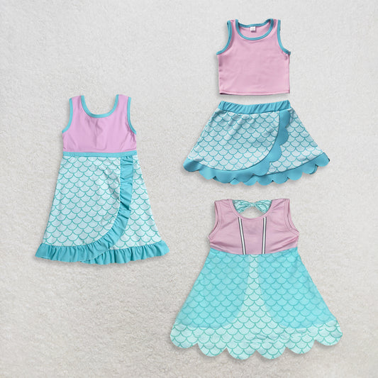 RTS NO MOQ Sibling yoga fabric Baby Girls Pink Aqua Print Vest Top Matching Scallop Skort Yoga Active Set Dress