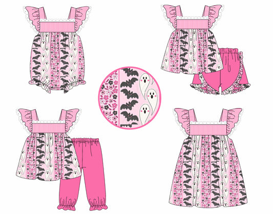 4.25 custom each style moq 5eta 4-6week Sibling Sisters bat ghost baby girl short sleeve shorts sets and pants sets and dress and romper match family design