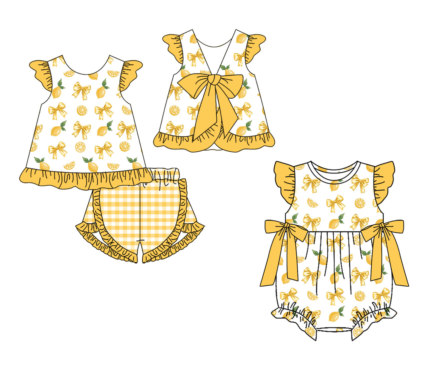 4.3 Custom moq 5 mix size Sibling Baby Girl's Bows Flutter Sleeve Top And Checked Short Set Cute Romper for Summer