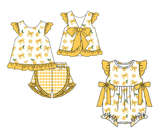 4.3 Custom moq 5 mix size Sibling Baby Girl's Bows Flutter Sleeve Top And Checked Short Set Cute Romper for Summer