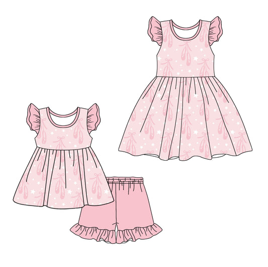 25.11.20 custom each style moq 5 eta 6-8week Sibling Sister ballet shoes baby girl short sleeve shorts sets and dress match design