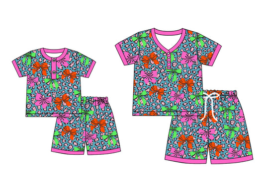 4.22 custom each style moq 5eta 4-6week Sibling Sister bow leopard short sleeve shorts sets and adult sets match design