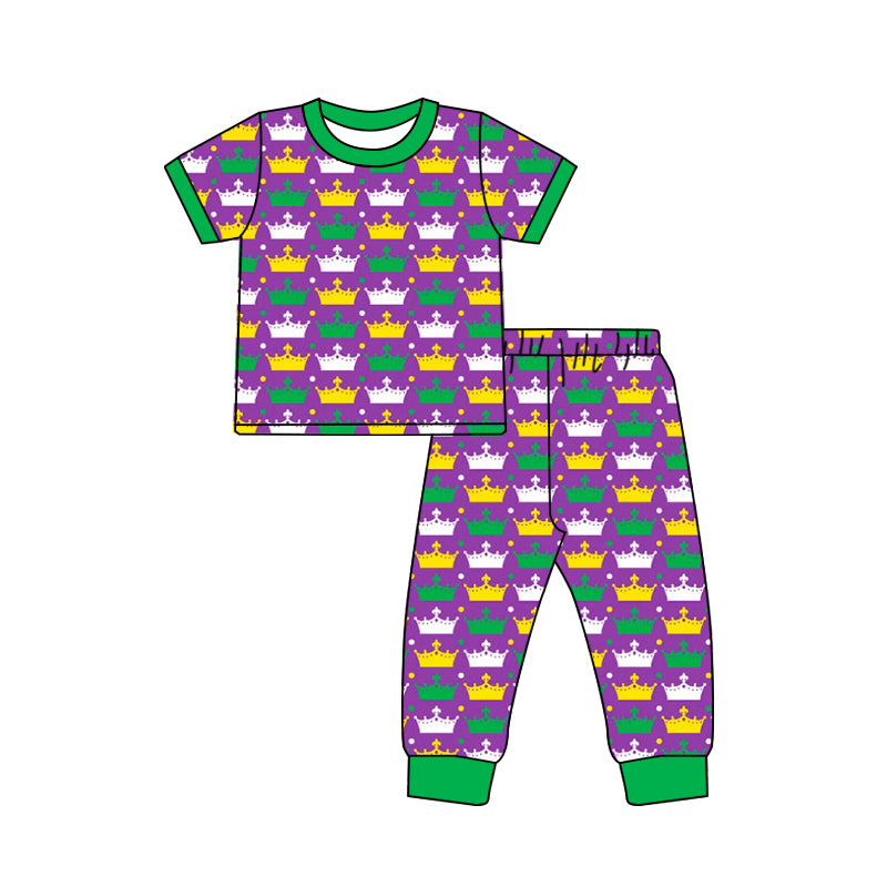 7.23 custom each style moq 5eta 4-6week Sibling Sister mari gras purple and green baby girls short sleeve sets and boys sets and dress and rompers match family design