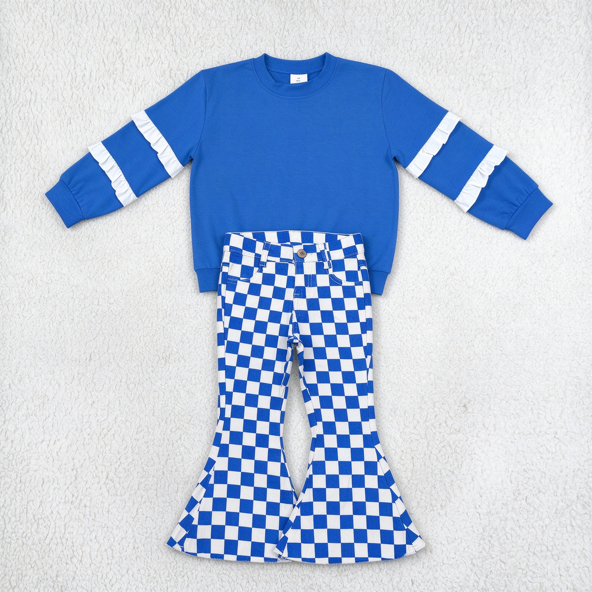 NEW RTS NO MOQ Denim GT1860+ P0610 Baby Girls Royal Blue Ruffle Sleeve Top Blue Checkered Fall Bell Flare Denim Pants Set