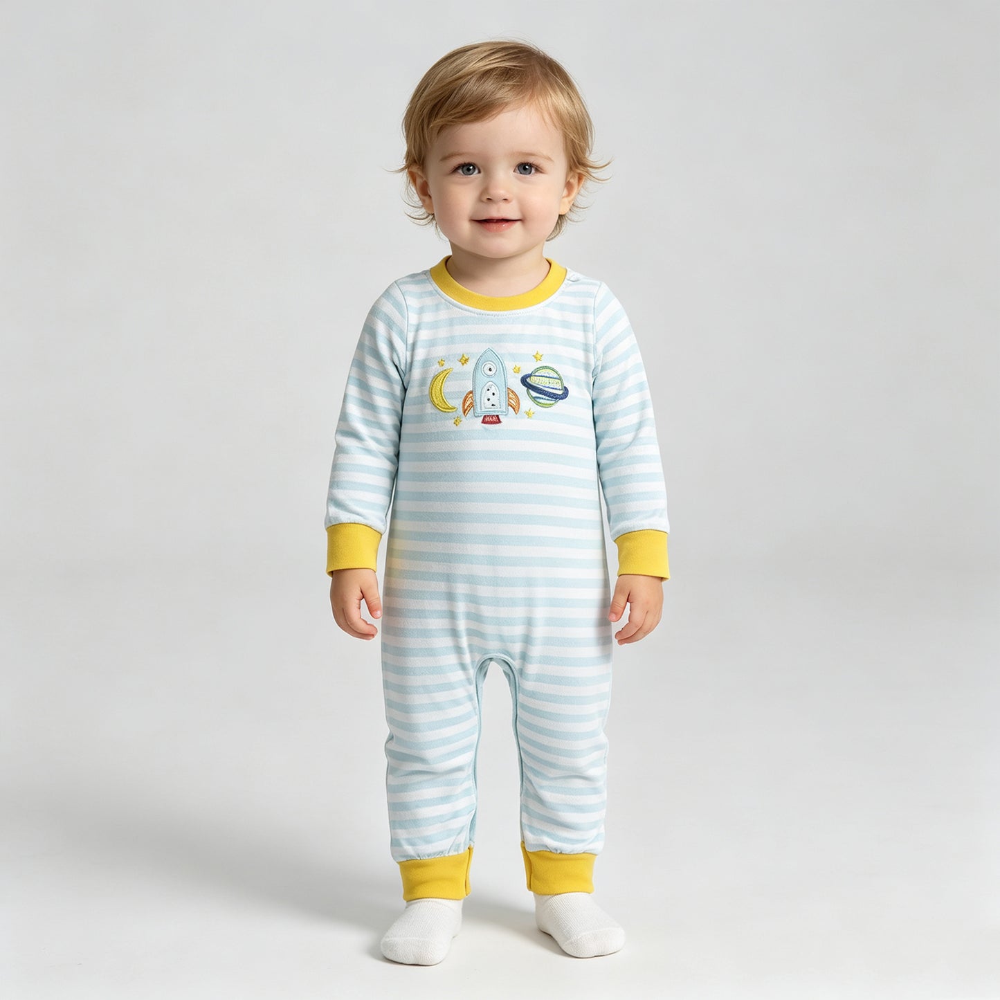 RTS NO MOQ milk silk  LR3062 Embroidery Rocket Moons Baby Boys Long Sleeve Blue Stripe Pant Rompers