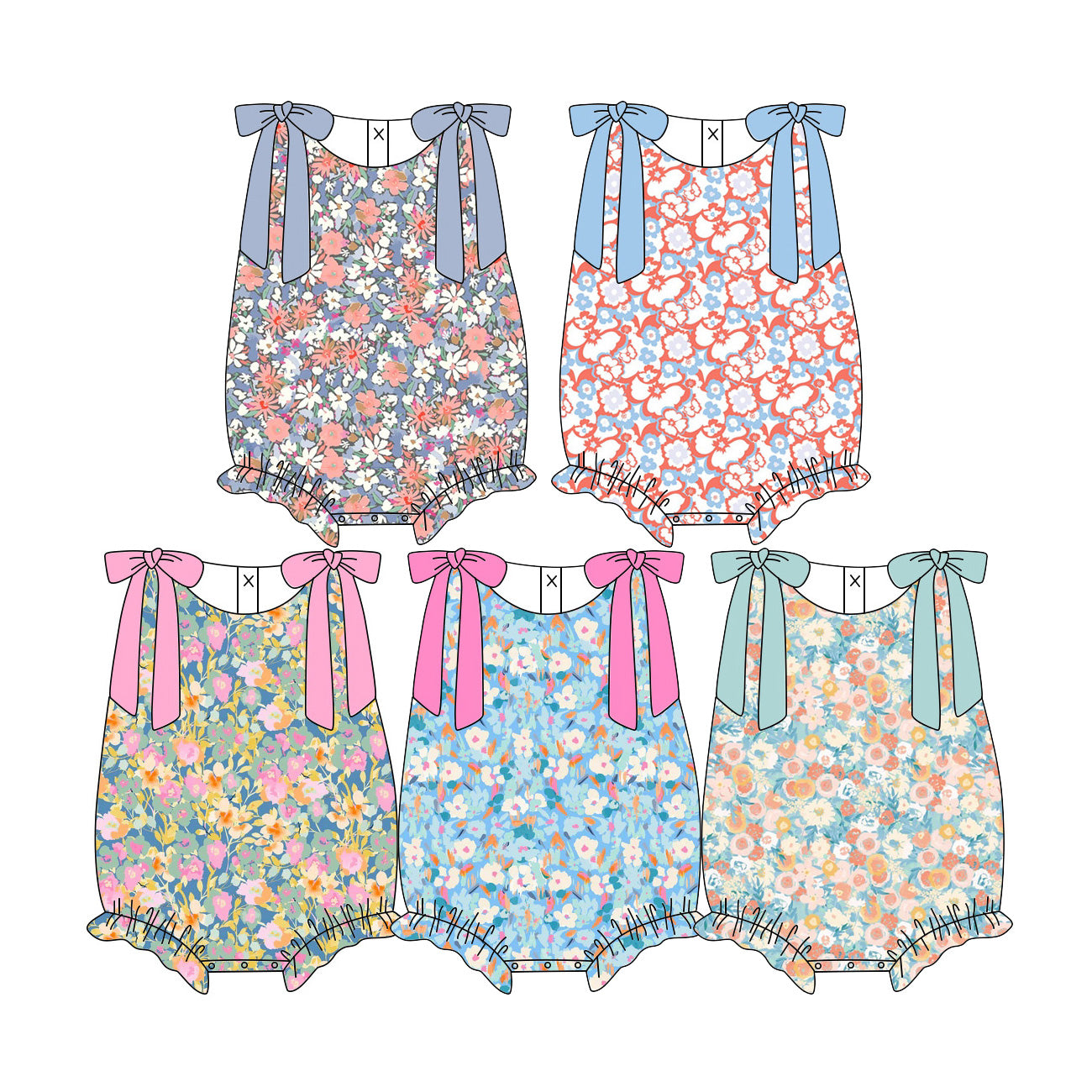 3.12 Custom moq 5 mix size Sibling Summer Colorful Flowers Sleeveless  Rompers for Body Clothes