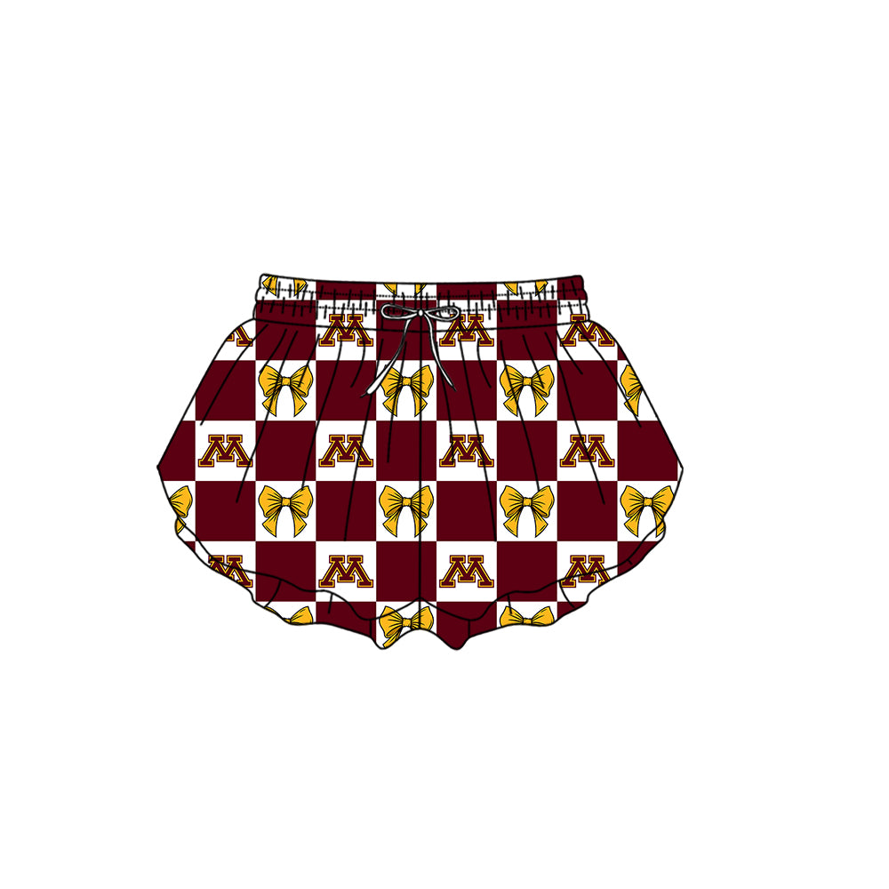 Custom moq 3 or 5 mix size milk silk summer teams baby girl clothes bow dark red summer shorts-26.1.22