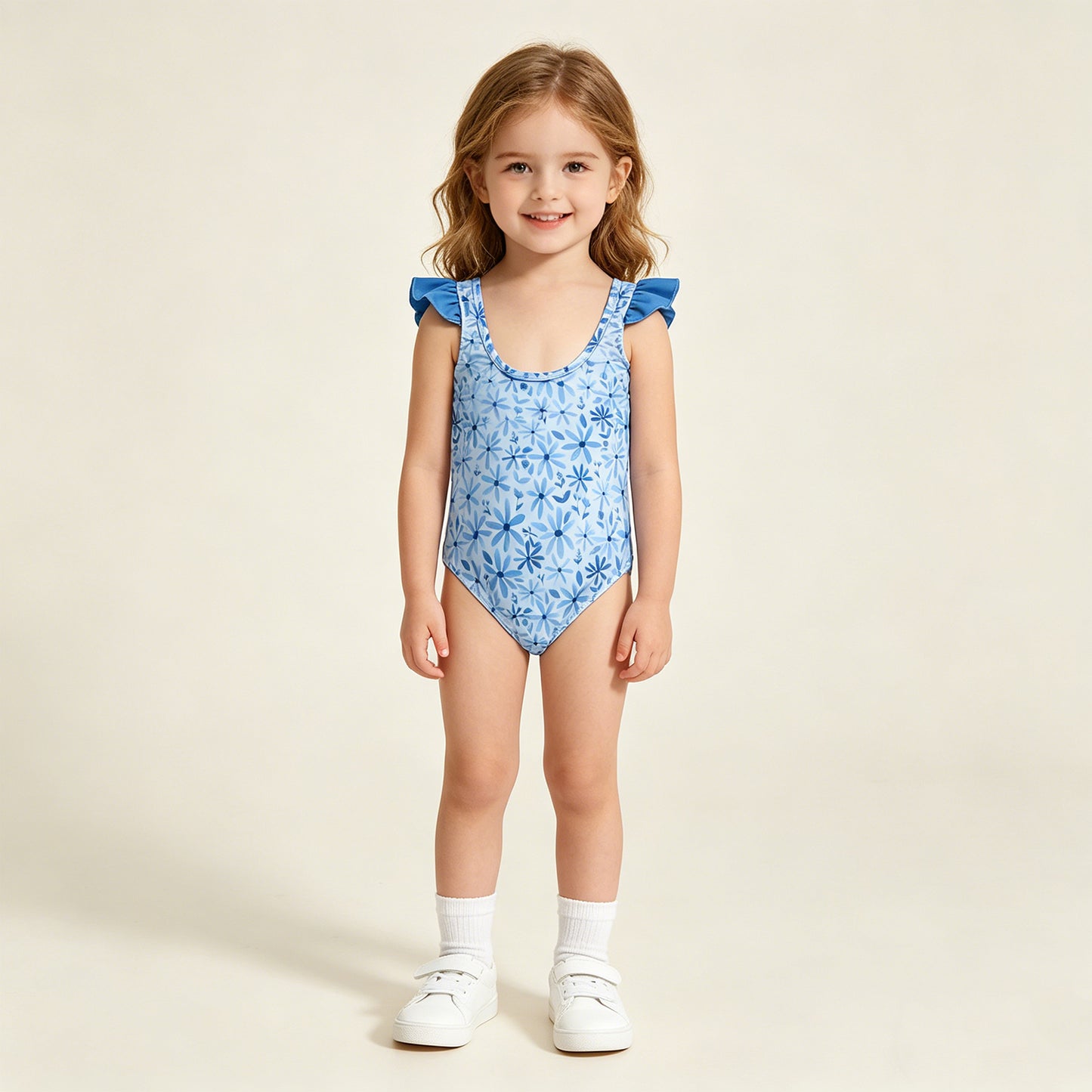 RTS NO MOQ milk silk S0515 Baby Girls Summer Cute Flutter Sleeve Blue Flowers One Piece Bummies Swimsuits