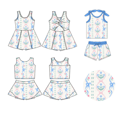 25.5.29 custom each style moq 5eta 4-6week Sibling Sister bow floral baby girl short sleeve shorts sets and skirts sets and dress match design