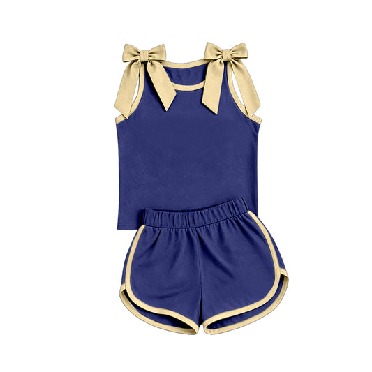 custom moq 5 mix size Baby Girls Bow Blue Sleeveless Top Shorts Clothes Set