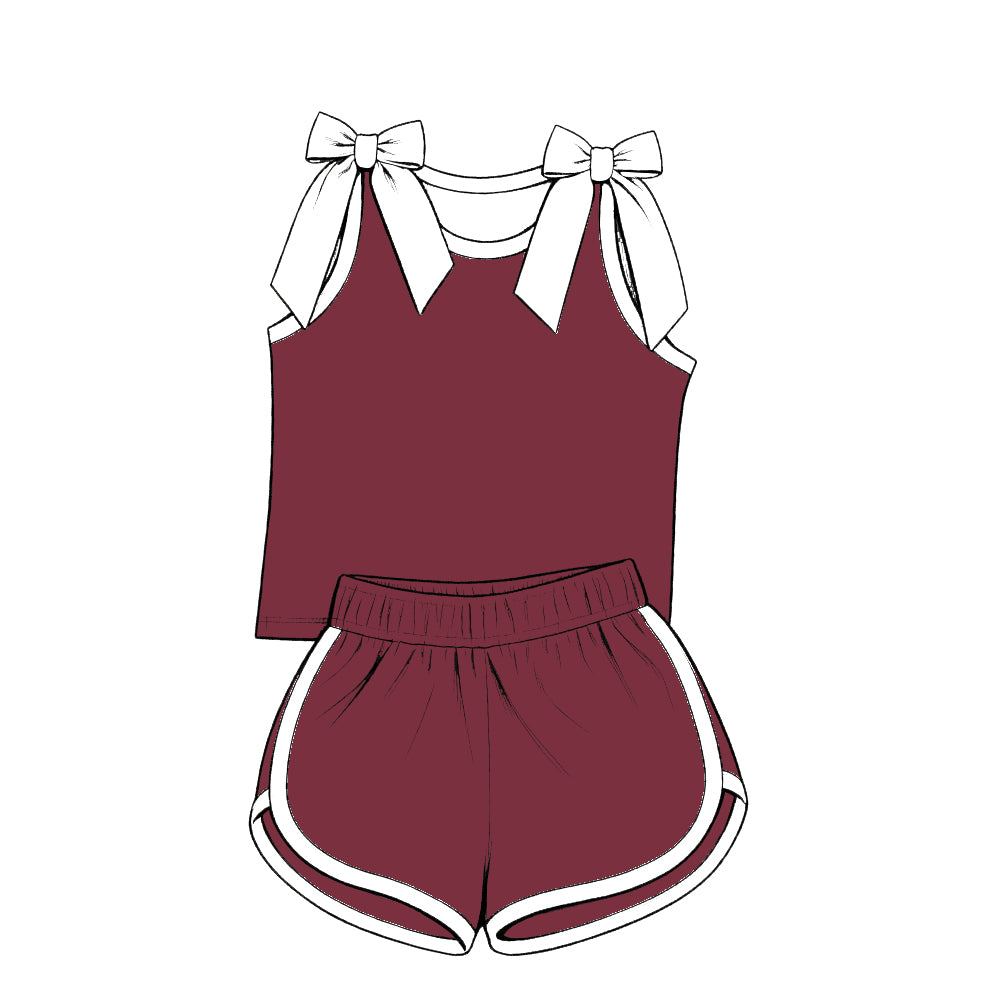 custom moq 5 mix size Baby Girls White Bow Sleeveless Maroon Top Shorts Summer Cute Clothing Set