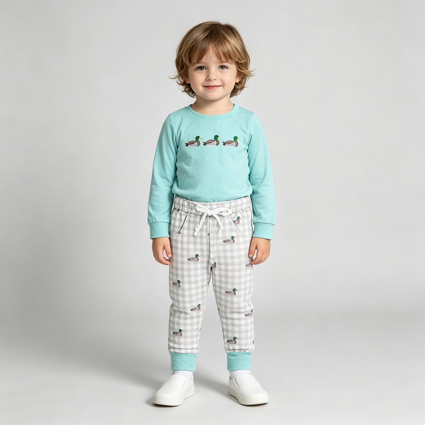 NEW RTS NO MOQ milk silk BLP1424 Embroidery Ducks Baby Boys Top Pockets Checked Jogger Hunting Sets