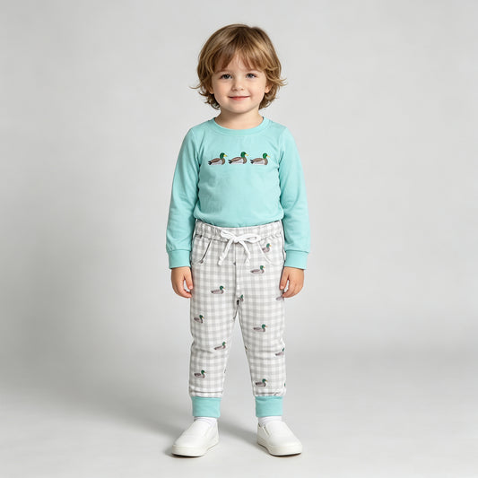 NEW RTS NO MOQ milk silk BLP1424 Embroidery Ducks Baby Boys Top Pockets Checked Jogger Hunting Sets
