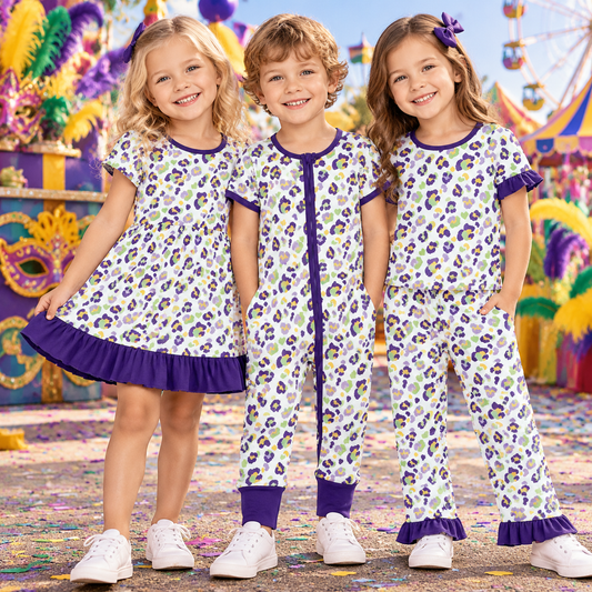 RTS NO MOQ Sibling milk silk Baby Girls Leopard Print Baby Zipper Romper Girls Ruffle Top Pant Set And Twirl Dress