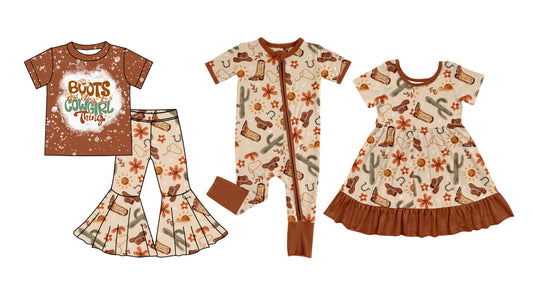 5.1 custom each style moq 5eta 4-6week Sibling Sisters boots catcus baby girl short sleeve pants sets and dress and rompers match family design