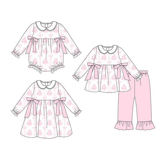 25.8.27 custom each style moq 5eta 4-6week Sibling Sisters Christmas trees bow pink baby girl long sleeve pants sets and dress and rompers match family design