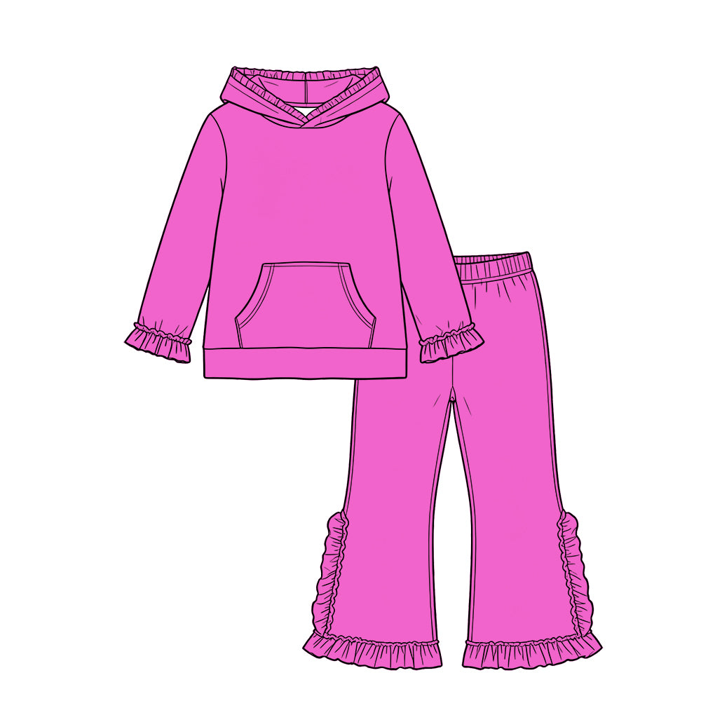 Custom moq 5 girls  Blank Cotton Fabric hooded long-sleeve top and pants set Bright magenta hooded long-sleeve and trouser set with ruffle details