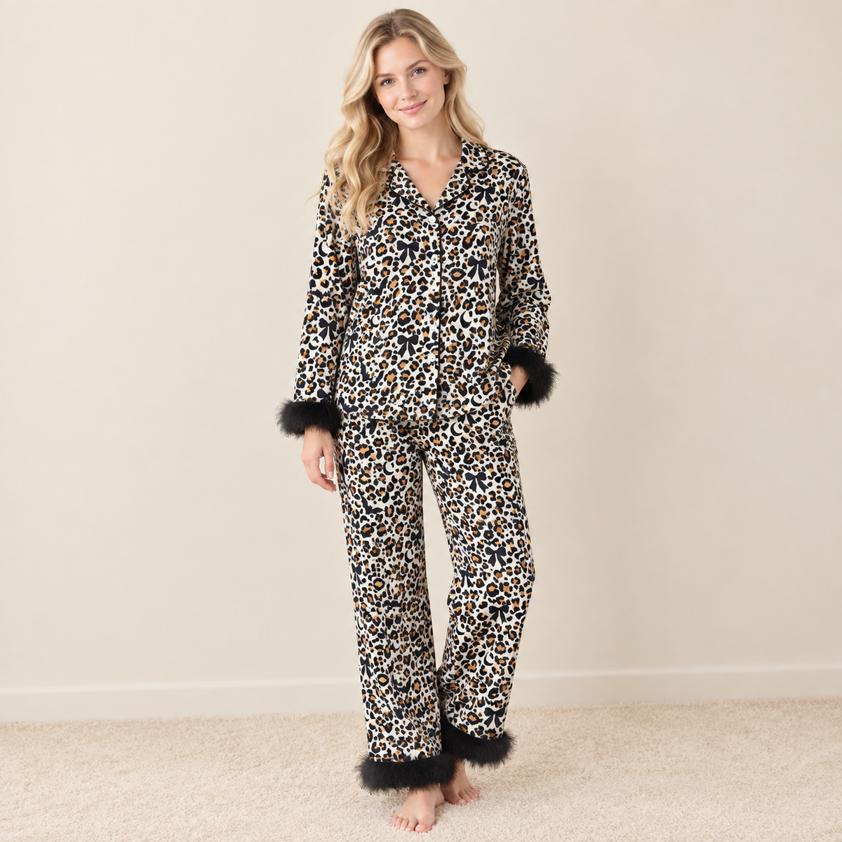 NEW RTS NO MOQ milk silk GLP3639 Adult Women Leopard Bats Button Top Pant Fur Sleeves Halloween Pajamas Set Fall Holiday Outfit