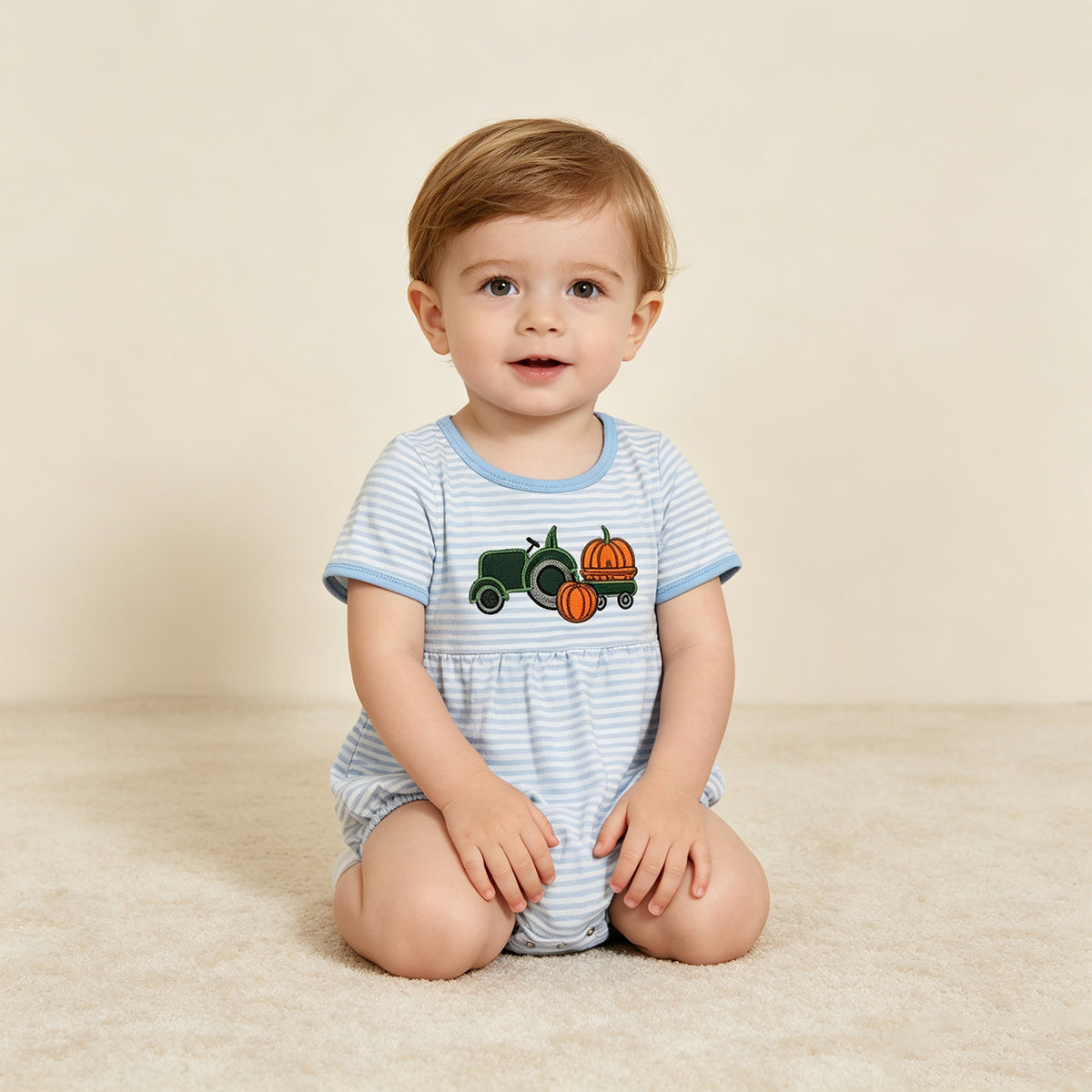 NEW RTS NO MOQ milk silk SR4286 Embroidery Baby Boys Blue Stripe Pumpkin Truck Print Short Sleeve Casual Fall Romper