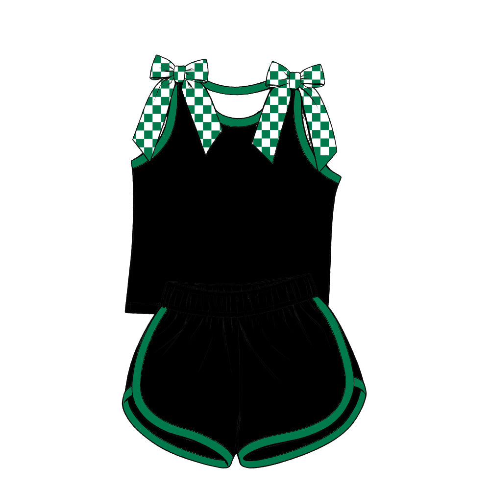 custom moq 5 mix size Baby Girls Black Green Checked Bow Sleeveless Top Shorts Summer Casual Outfit Set