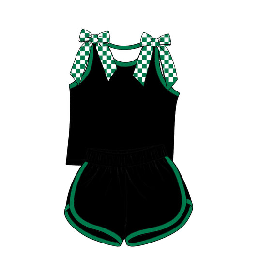custom moq 5 mix size Baby Girls Black Green Checked Bow Sleeveless Top Shorts Summer Casual Outfit Set