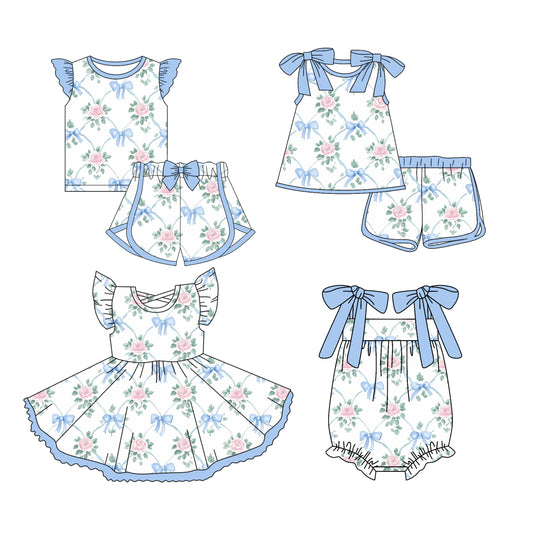 3.13 custom each style moq 5eta 4-6week Sibling Sister bow floral baby girls short sleeve set and set 2 and dress and romper match design