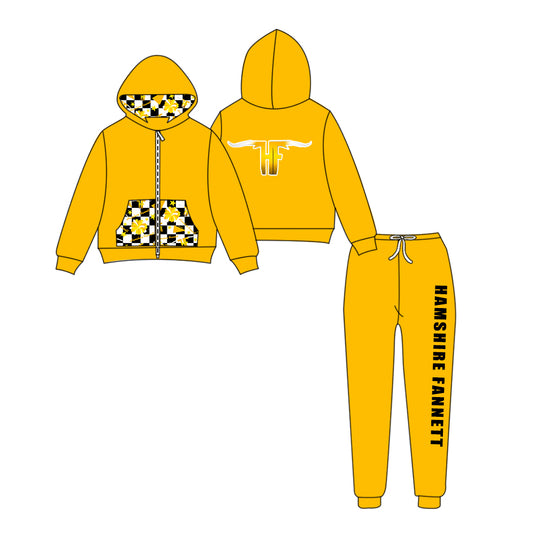 Custom moq 5 mix size eta 6-8weeks milk silk summer teams yellow baby girl clothes hooded long sleeve pants sets-25.9.11