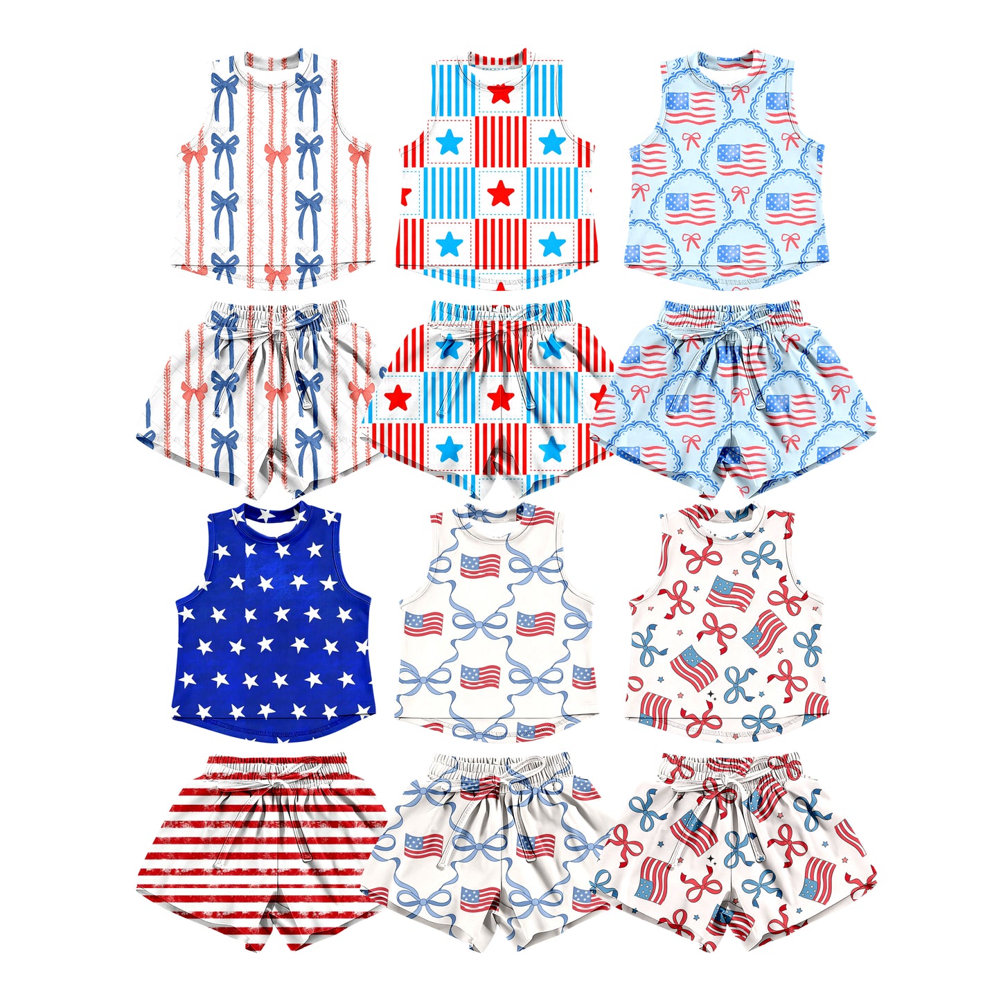 3.3 Custom moq 5 mix size Sibling Baby Girls 4th of July Checked Vests Top Short Yoga Active Clothes Set