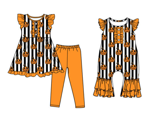 5.5 custom each style moq 5eta 4-6week Sibling Sisters pumpkin baby girl short sleeve pants sets and rompers match family design