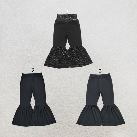 RTS NO MOQ Sibling cotton Baby Girls Solid Black Bell Bottom Flare Pants Elastic Waist Daily Casual Bottoms