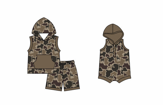 4.9 custom each style moq 5eta 4-6week Sibling Sister camouflage baby boy hooded short sleeve shorts sets and romper match design