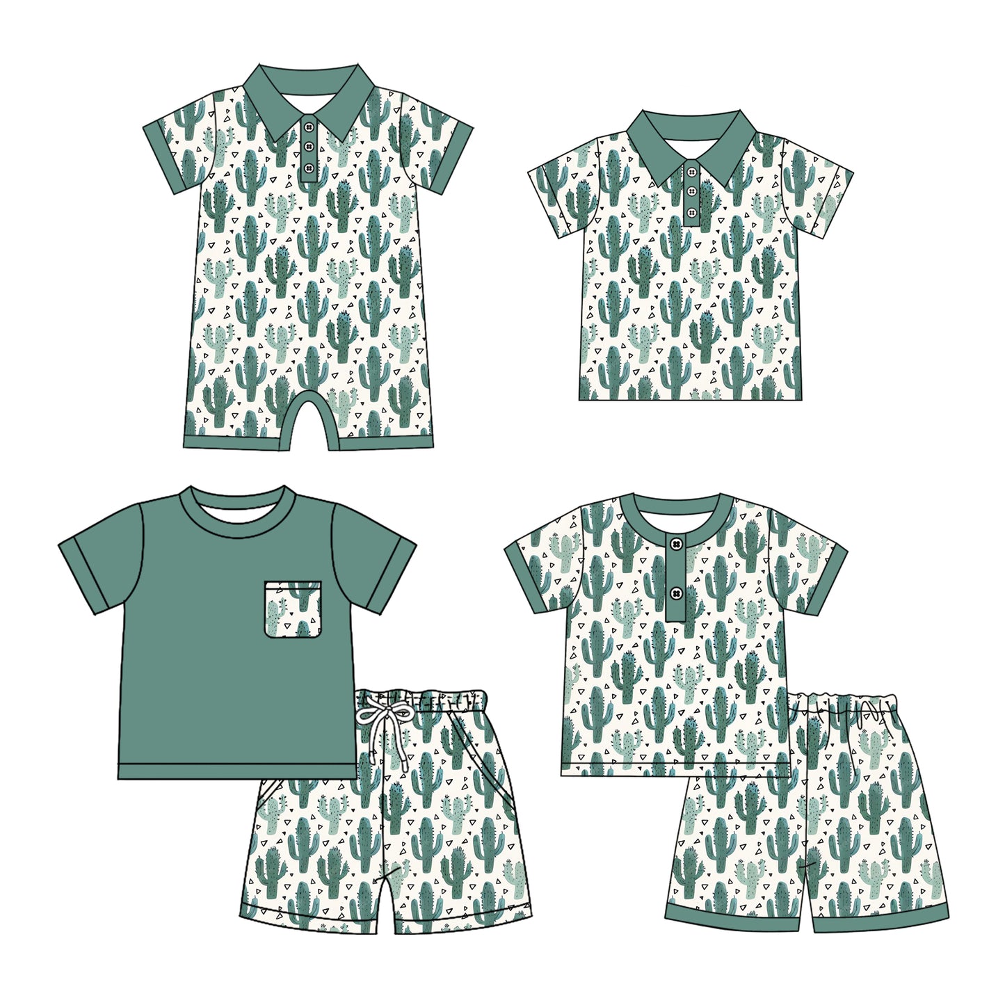 Custom moq 5 mix size Sibling green Short-Sleeved Baby Boys Pajamas Set Romper Short-Sleeved Polo Shirt And Shorts Set  Comfortable Sleepwear for Toddler Boys