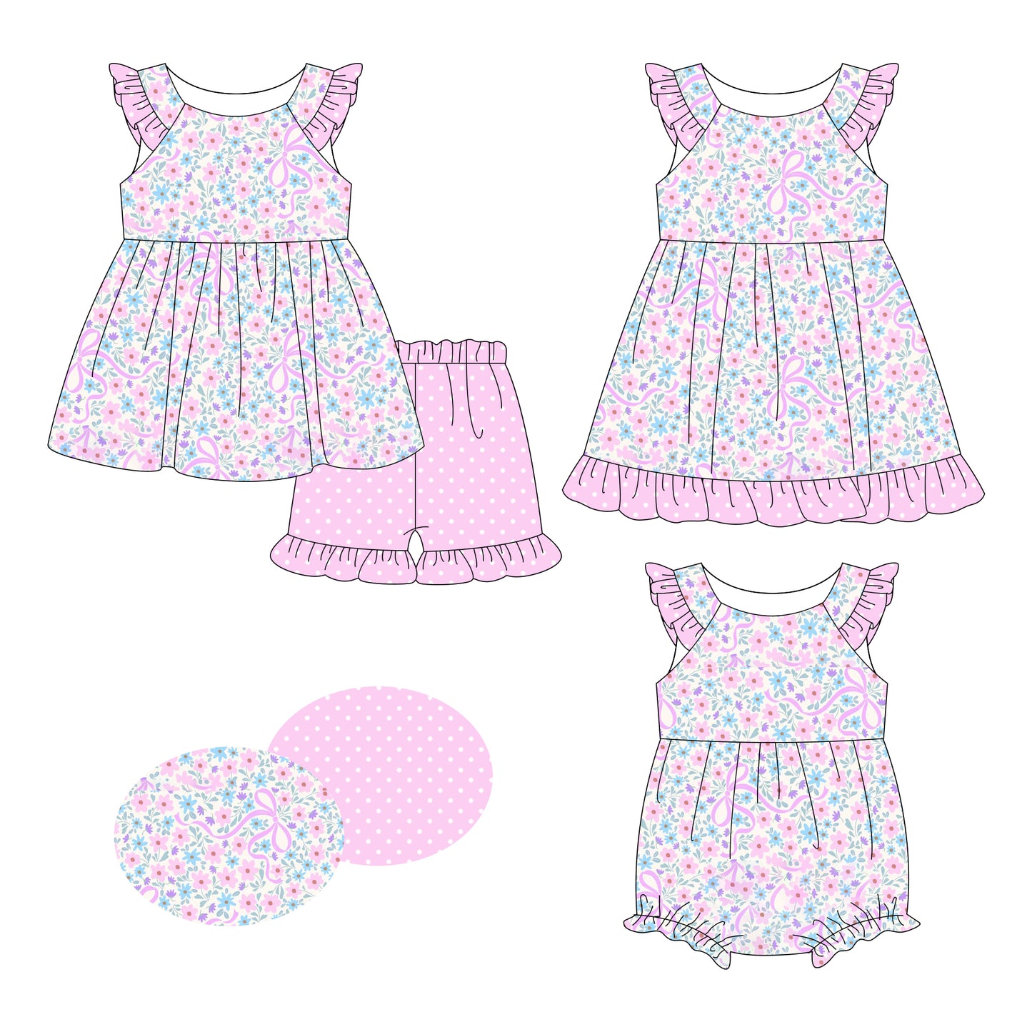 26.1.9 custom each style moq 5 eta 6-8week Sibling Sister bow floral baby short sleeve shorts sets and romper and dress match design