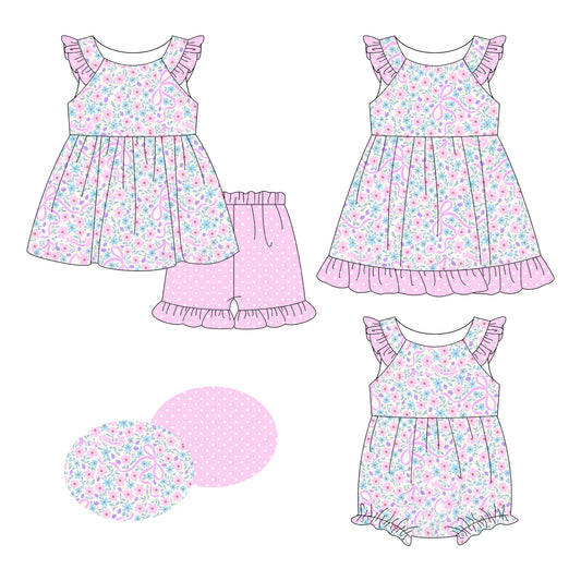 26.1.9 custom each style moq 5 eta 6-8week Sibling Sister bow floral baby short sleeve shorts sets and romper and dress match design