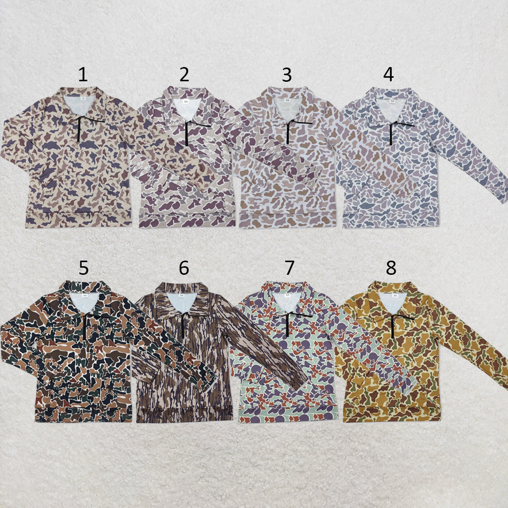 RTS NO MOQ Sibling milk silk Adult Women Camo Print Long Sleeve Tee Zip Pullover Top