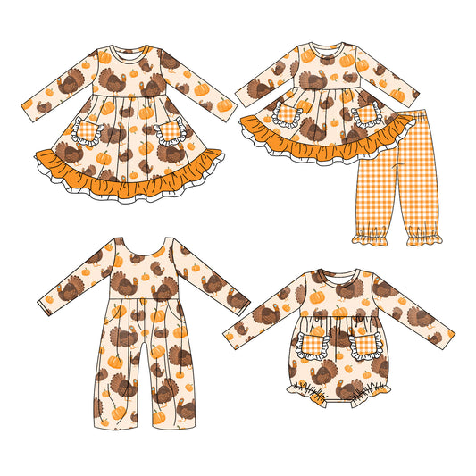 25.6.6 custom each style moq 5eta 4-6week Sibling Sisters turkey pumpkin baby girl long sleeve pants sets and dress and rompers and jumpsuit match family design