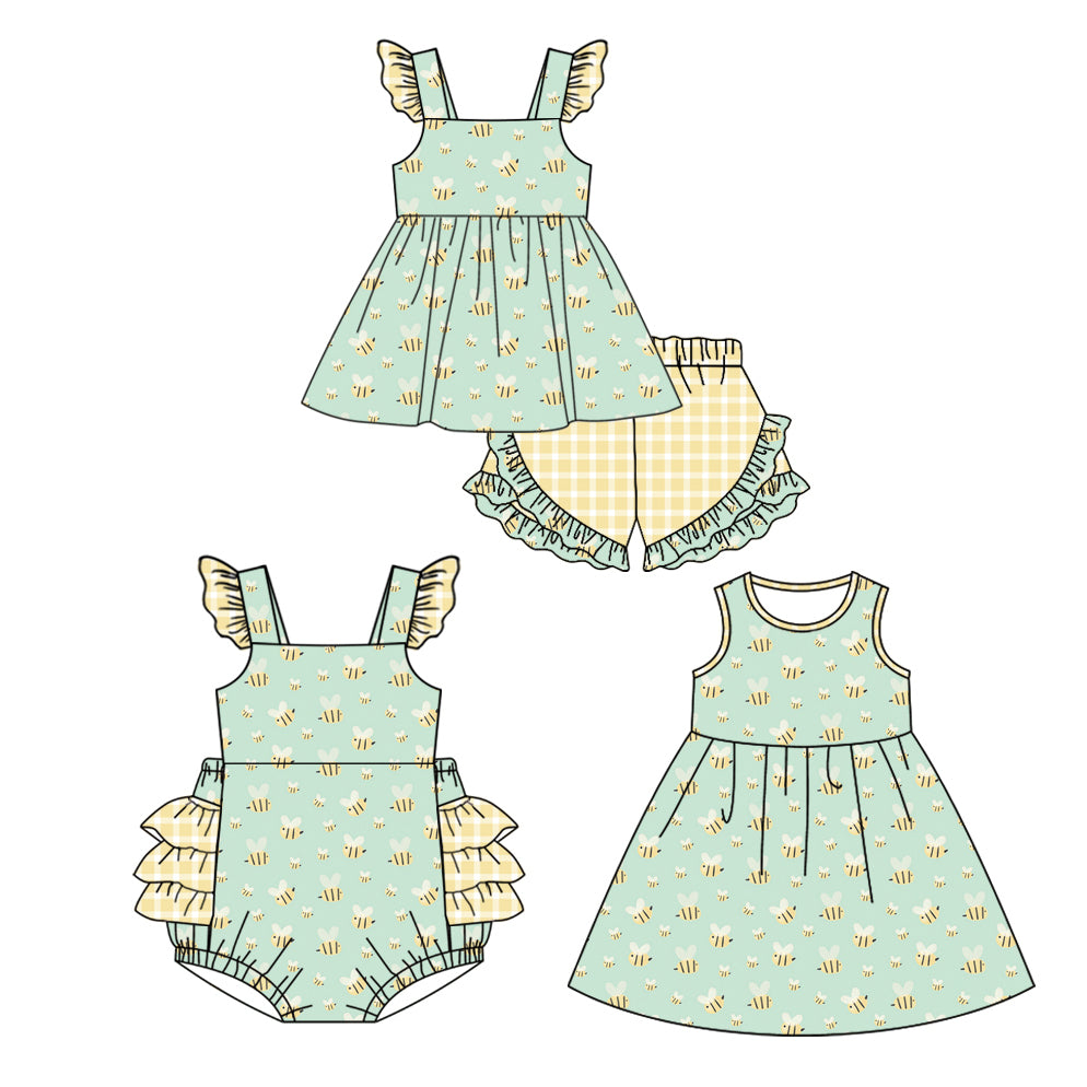 12.13 custom each style moq 5eta 4-6week Sibling Sister bee floral yellow baby girl short sleeve shorts sets and dress and rompers match family design