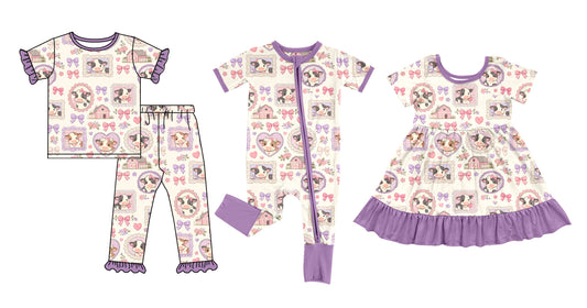4.6 Custom moq 5 mix size Sibling Baby Girls Bows Purple Short-Sleeved Pajama Set Short Sleeve Zipper Romper dress