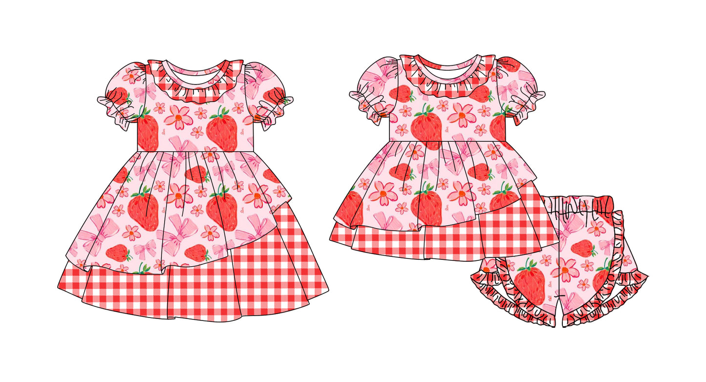 26.1.10 custom each style moq 5 eta 6-8week Sibling Sister strawberry bow floral baby short sleeve shorts sets and dress match design