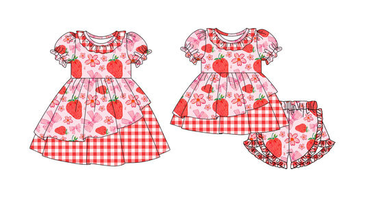 26.1.10 custom each style moq 5 eta 6-8week Sibling Sister strawberry bow floral baby short sleeve shorts sets and dress match design