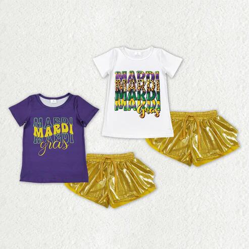 RTS NO MOQ Sibling  Baby Girls' Mardi Gras Short Sleeve Top with Ruffle Shorts Outfit Set