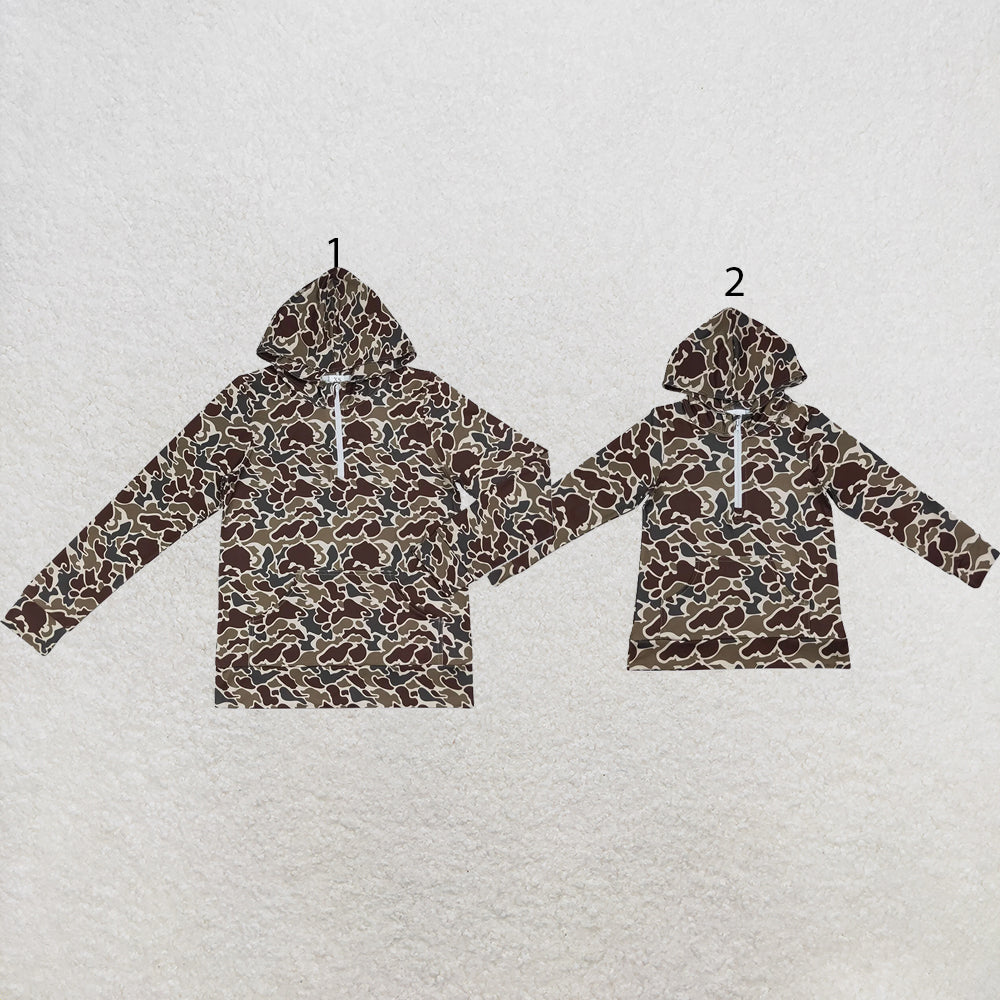 RTS NO MOQ milk silk Sibling Adult To Match Kids Long Sleeve Dark Green Camo Print Zip Pocket Hoodies Tops Casual Tops