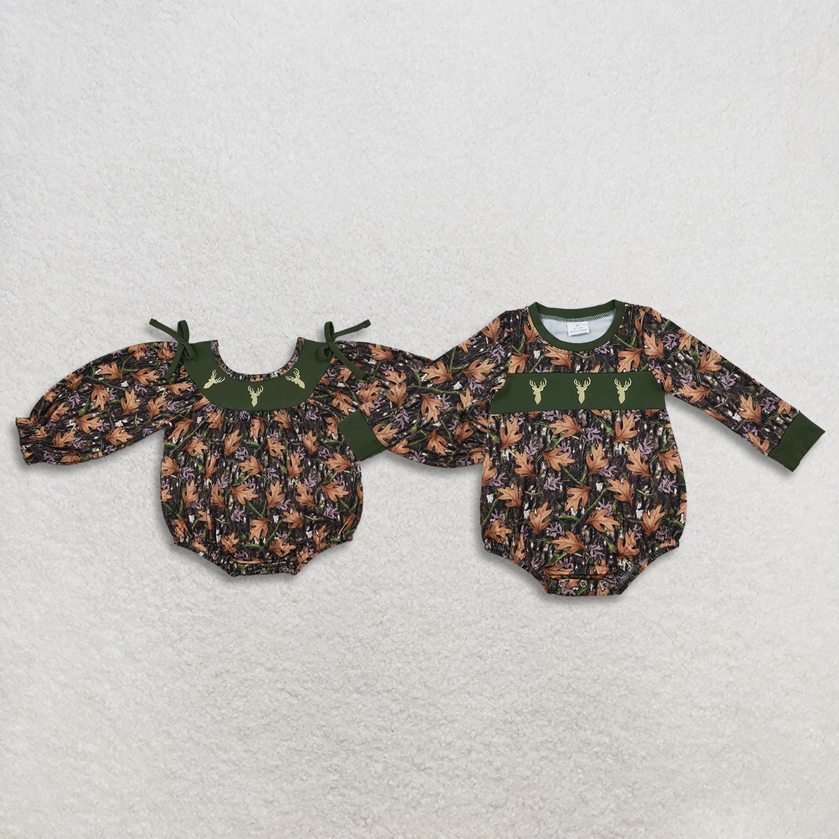 RTS NO MOQ Sibling milk silk Embroidery Baby Boys And Girls Leaf Camo Deer Embroidery Long Sleeve Bubble Romper