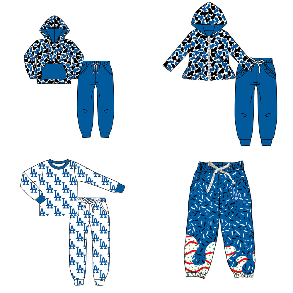 Custom moq 5 mix size milk silk summer teams baby girls clothes camouflage blue hooded long sleeve pants sets 2 and boy pants sets and pant-25.8.9
