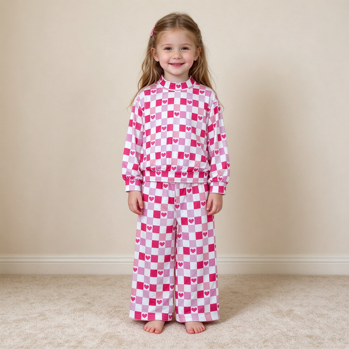 NEW RTS NO MOQ milk silk GLP3867 High Neck Baby Girls Casual Pink Checked Hearts Choker Top Flare Pant Valentines Set