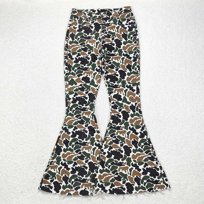 RTS NO MOQ Army Green Camouflage Button Zipper Denim Flared Pants: Adults & Kids