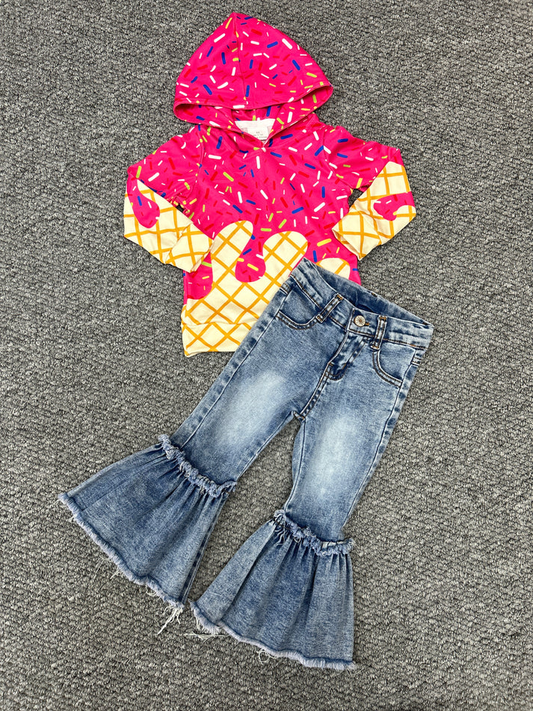RTS NO MOQ BT1271+P0676 Waffle Ice Cream Rose Red Hooded Long-Sleeved Top Bleached Raw-Trimmed Blue Denim Pants sets